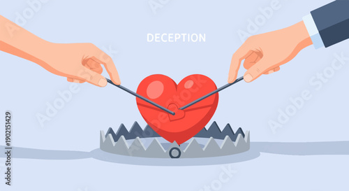 Hands trigger a bear trap holding a heart with a smaller heart inside