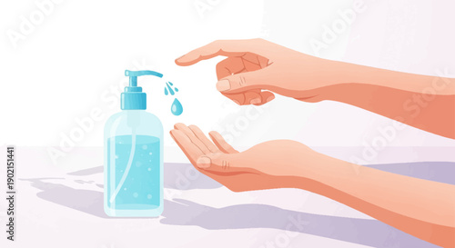 Hands using hand sanitizer dispenser, droplets of liquid falling