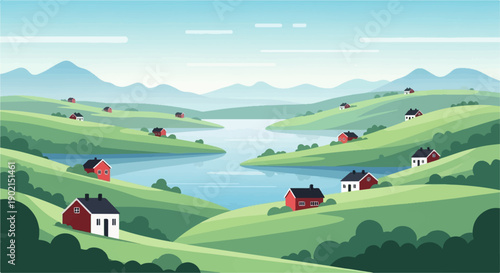 Idyllic pixel art landscape with red houses nestled in green rolling hills
