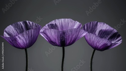 A striking image showcases three violet flowers, their textured petals arranged horizontally. Stems rise from below, on a dark, cool backdrop
