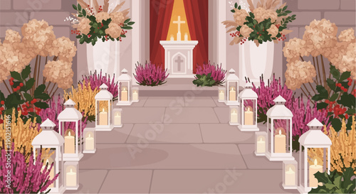 Illuminated pathway with floral arrangements leading to altar