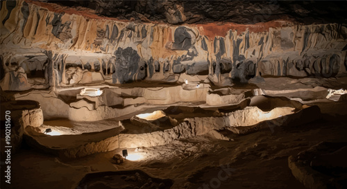 Illuminated cave formations with visible paths and stairs, creating layered levels