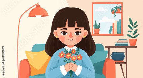 Illustration of a girl holding flowers in a cozy room