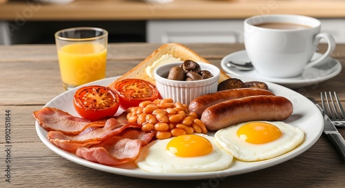 Full English breakfast with fried eggs, sausages, bacon, beans, and coffee