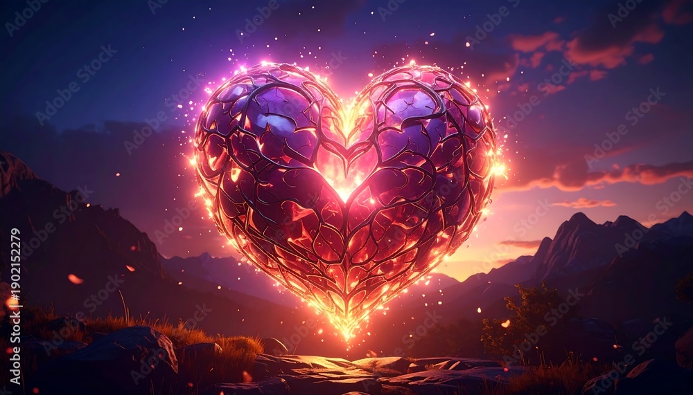 Fototapeta premium A Fiery Heart Symbolizing Love and Passion in a Mystical Landscape.