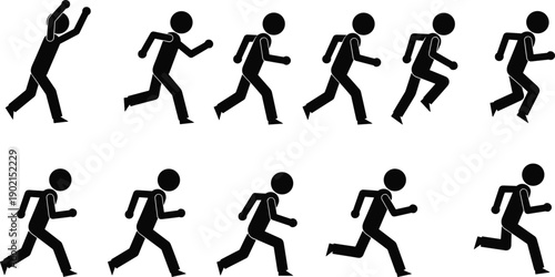 Black silhouette stick figure running motion sequence set showing different stages of sprinting animation isolated on white background for sports infographic vector