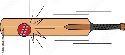 A cricket bat being hit by a red ball