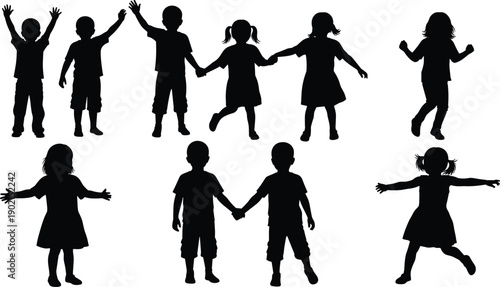 Black silhouette set of happy children holding hands and playing together isolated on white background for kids school friendship and community vector