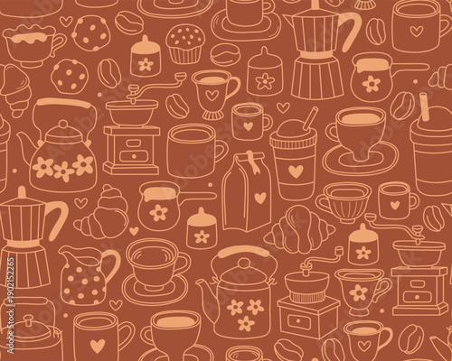 Seamless pattern with outline illustrations of coffee and tea on brown background. Teapots, mugs and cups, coffee grinder, coffee beans. Pattern for coffee shop, cafe menu.