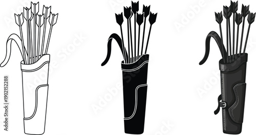 Set of quivers with arrows vector illustration in outline black and grey colors isolated on white background for design elements