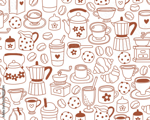 Seamless pattern with brown outline illustrations of coffee and tea on white background. Teapots, mugs and cups, coffee grinder, coffee beans. Pattern for coffee shop, cafe menu.