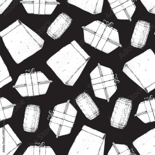 Lunch box seamless pattern. Hand drawn vector illustration. Meal box sketch. Top view. Menu design elements, packaging background template.