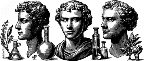 Vintage botanical and experimental apparatus with engraved classical busts