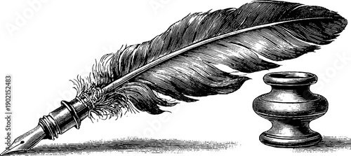 Vintage feather quill writing tool with botanical engraving - 19th century design for stationery art