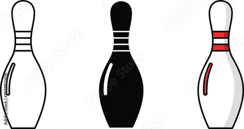 Set of three bowling pins one black silhouette and two outlined representing sport and recreation isolated on white background