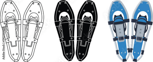 Collection of snowshoe icons in outline silhouette and color vector styles perfect for winter sports and outdoor activity graphics