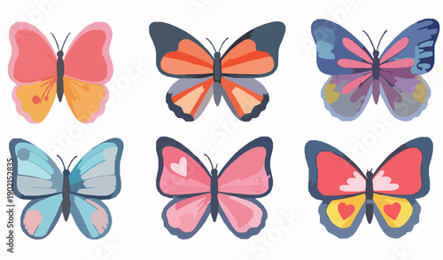 Playful watercolor butterflies vector illustration set with bright spring palette for children