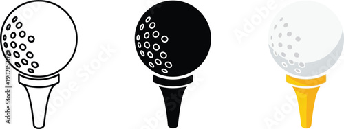Collection of golf ball and tee icons representing different styles from outline to flat design for sports and recreation concepts