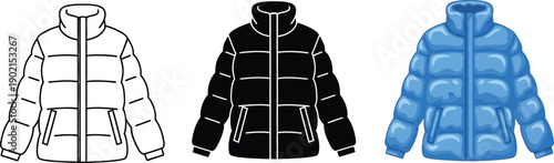 Collection of puffer jacket icons in white black and blue representing winter clothing and outdoor gear for fashion and lifestyle concepts