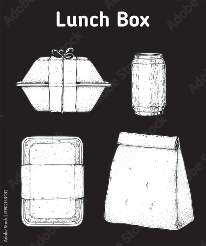 Lunch box set. Hand drawn vector illustration. Meal box sketch.