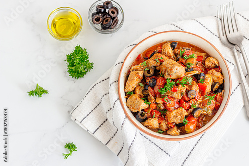 Mediterranean Chicken Stew with Tomatoes, Olives and Fresh Herbs