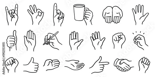 Hand drawn collection of hand gestures and signs in simple line style. Minimal vector set showing fingers, symbols, emotions, and communication gestures for design and UI projects.