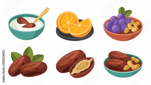 Ramadan iftar food icon set, dates with almonds, orange slices, yogurt bowl, healthy fasting meal elements, cultural celebration, vector illustration.