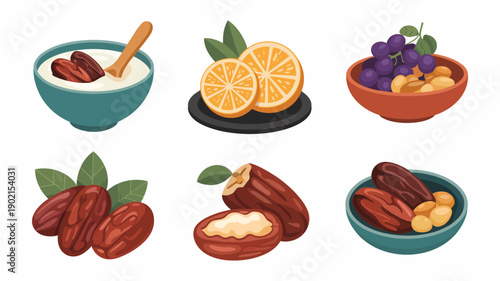 Ramadan iftar food icon set, dates with almonds, orange slices, yogurt bowl, healthy fasting meal elements, cultural celebration, vector illustration.