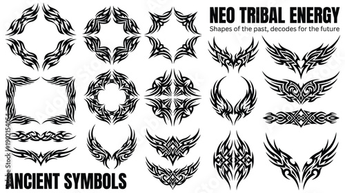 Tribal Shape Cover with Y2K Cyber Gothic Abstract Neo Tribal Frames, Ornamental Tattoo Elements, and Artistic Metal Streetwear Style, Vector Tribalistic Tattoo Design Set