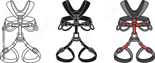 Set of climbing harnesses in outline black and color vector illustrations representing safety equipment for outdoor sports and adventure
