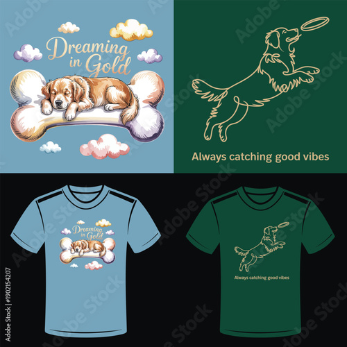 Golden retriever sleeping on bone cloud and dog catching frisbee Keywords: golden retriever, dog