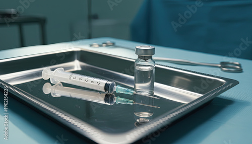 Medical syringes and vial on metal tray in clinical environment  