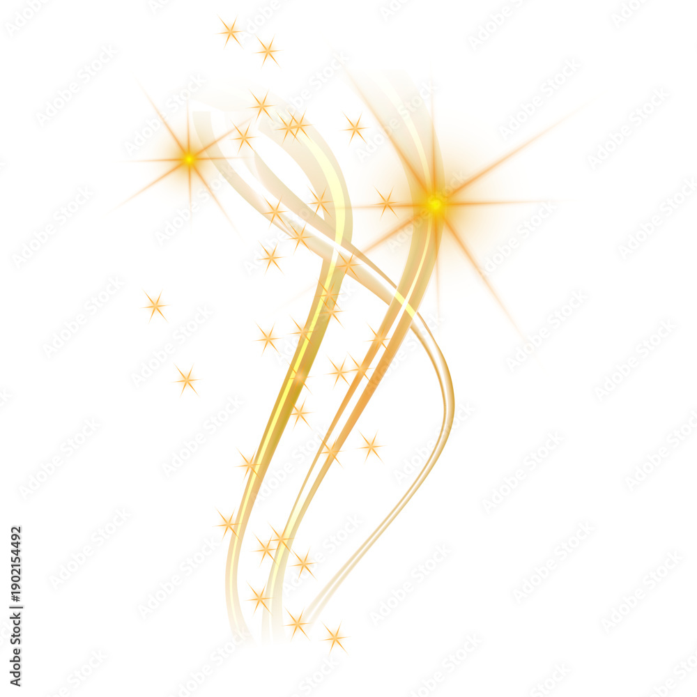 Obraz premium Magical Golden Light Swirl with Sparkles on White Background, Elegant Glowing Effect, Fantasy Glow Effect Light Trail with Sparkles