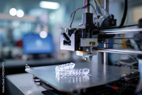A 3D printer actively produces clear dental aligners, symbolizing innovation in orthodontics and transforming conventional practices into advanced technological solutions for patient care.