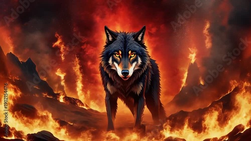 Wolf standing in a fiery volcano eruption with flames