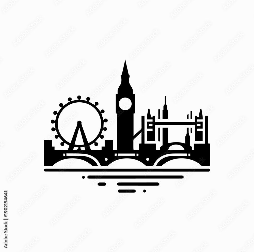 Naklejka premium London Skyline Minimal Icon with Big Ben, London Eye and Tower Bridge