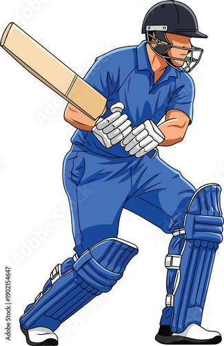 A man in blue is playing cricket