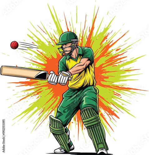 A man in green and yellow plays cricket with a bat