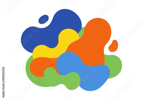 Dynamic abstract composition with vibrant colorful liquid shapes flowing and overlapping, creating a modern graphic design element.