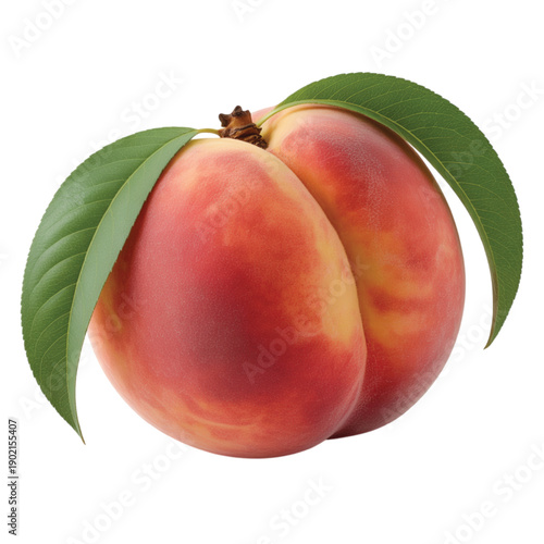 Two ripe peaches with green leaves on a white background.
