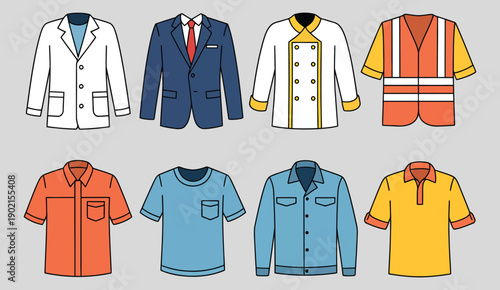 Flat vector icon set for uniforms and workwear, including lab coat, chef’s jacket, business attire, construction vest, office blouse, medical scrubs, delivery outfit.