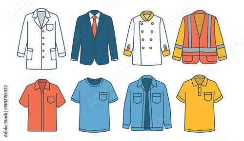 Flat vector icon set for uniforms and workwear, including lab coat, chef’s jacket, business attire, construction vest, office blouse, medical scrubs, delivery outfit.