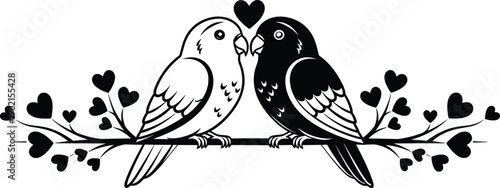 Cute Lovebirds Vector Illustration Featuring Two Birds Perched on a Heart Branch for Valentines Day Wedding Romance and Greeting Card Designs