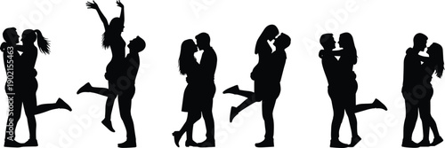 Romantic Couple Silhouettes Vector Collection Featuring Happy Lovers Hugging Kissing and Lifting Each Other for Valentines Day and Wedding Designs