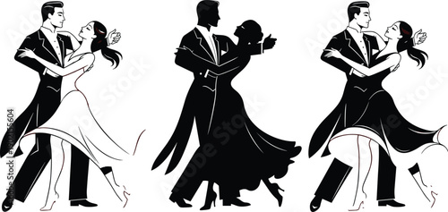 Art Elegant Ballroom Dancers Silhouette Vector Set Featuring a Romantic Couple Dancing Waltz and Tango in Formal Attire for Classic Events& Illustration