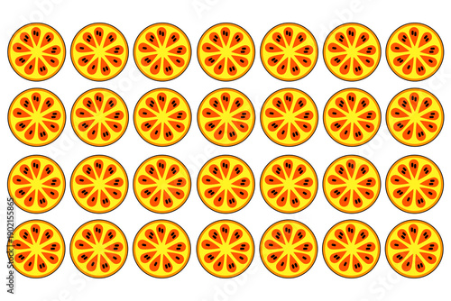 Seamless pattern of vibrant orange slices on a black background. Minimalist citrus fruit vector illustration for kitchen decor, summer juice packaging, and healthy lifestyle designs.