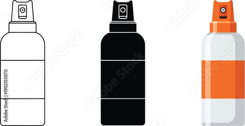 Set of three spray bottle icons outline black and color versions flat vector illustration for cosmetic or cleaning product design
