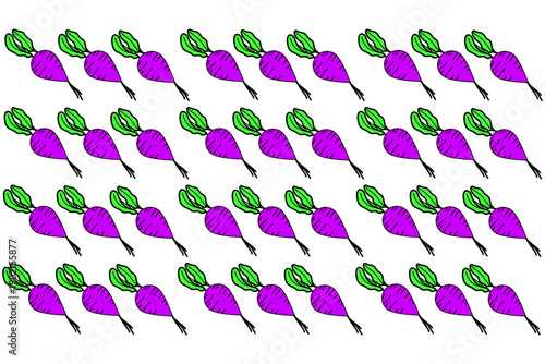 Seamless pattern of hand-drawn purple radishes with green leaves on a white background. Fresh organic vegetable illustration perfect for kitchen textiles, garden decor, and healthy food branding.