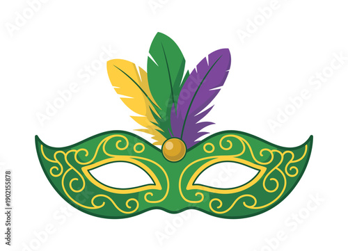 Mardi Gras Cartoon Green Mask on White Background, Festive Carnival Costume Accessory Illustration for Celebration Posters, Party Designs, Event Graphics, and Holiday Decorations