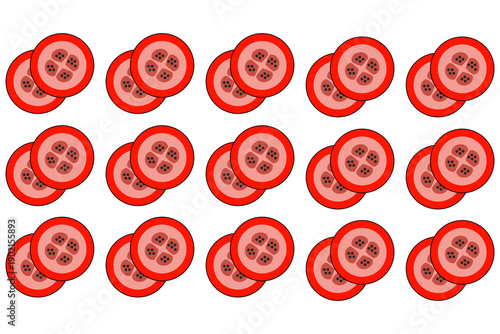 Seamless pattern of red tomato slices on a black background. Minimalist flat vector illustration of fresh vegetable rounds, perfect for kitchen decor, food packaging, and healthy menus.